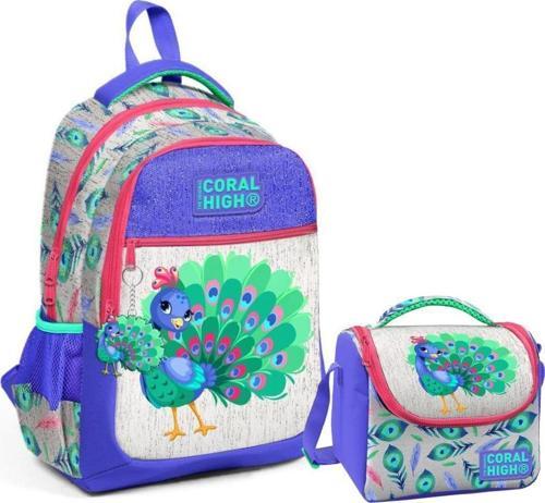 2li Set Tavuskuşu Desenli Okul Çantası Beslenme 23488