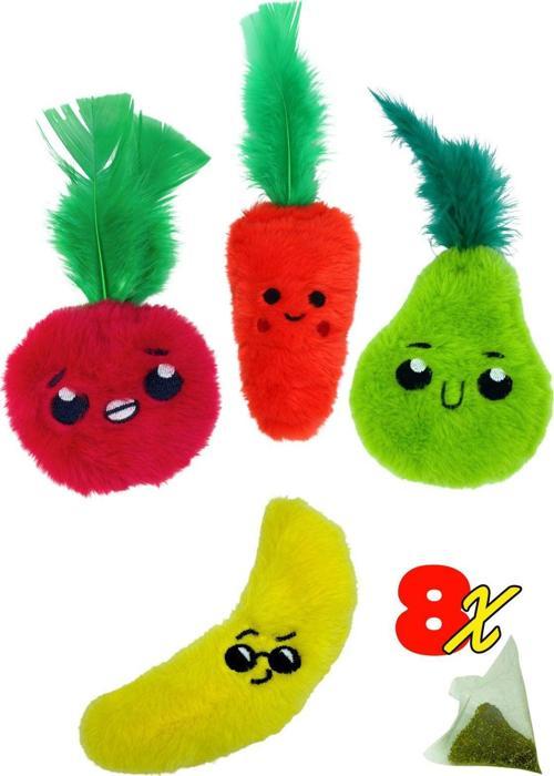 Çılgın Manav- 4 Adet Peluş Kedi Oyuncak Seti 8 Adet Catnip Paketi Dahil Catnipli Kedi Oyuncakları