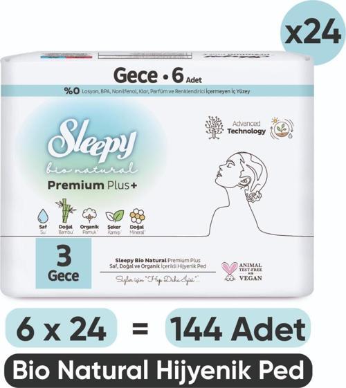 Bio Natural Premium Plus Hijyenik Ped Gece 6x24 Ped (144 Adet)