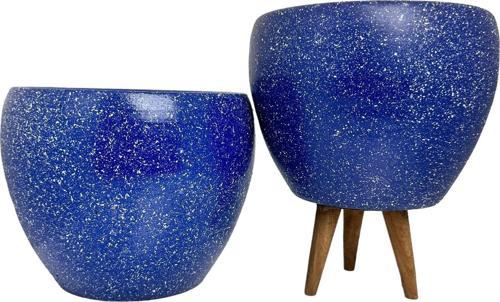 Lacivert Granit Toprak Saksı Saksılık Salon Çiçeklik İkili Set Ayaksız - 3 Ayaklı- 15 CM