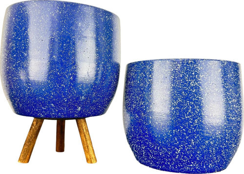 Lacivert Granit Toprak Saksı Saksılık Salon Çiçeklik İkili Set Ayaksız - 3 Ayaklı- 19 CM
