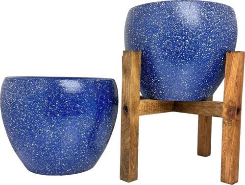 Lacivert Granit Toprak Saksı Saksılık Salon Çiçeklik İkili Set Ayaksız - 4 Ayaklı- 15 CM