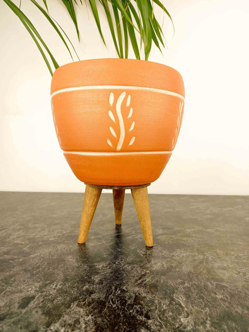 Nakış Desenli Terrakota Toprak Saksı Saksılık Salon Çiçeklik 3 Ayaklı - 15 Cm