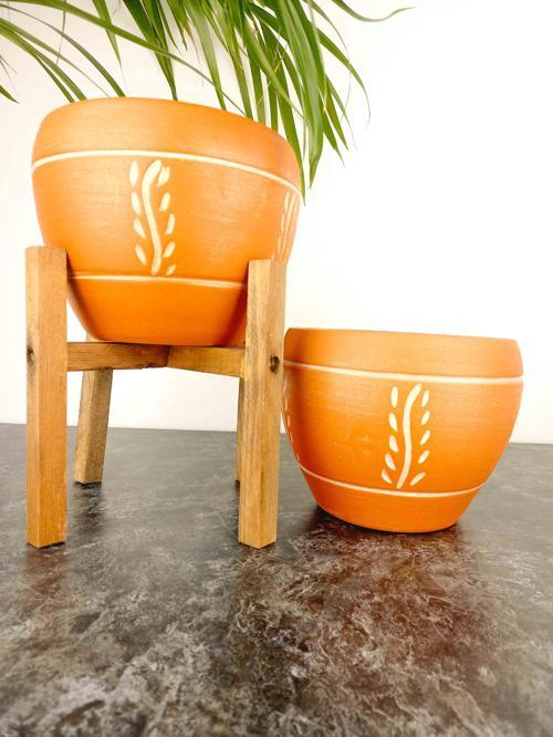 Nakış Desenli Terrakota Toprak Saksı Saksılık Salon Çiçeklik İkili Set Ayaksız - 4 Ayaklı- 15 Cm