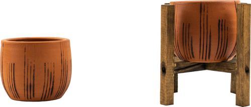 Siyah Çizgi Desenli Terakota Toprak Saksı Saksılık Salon Çiçeklik İkili Set Ayaksız, 4 Ayaklı 12 Cm