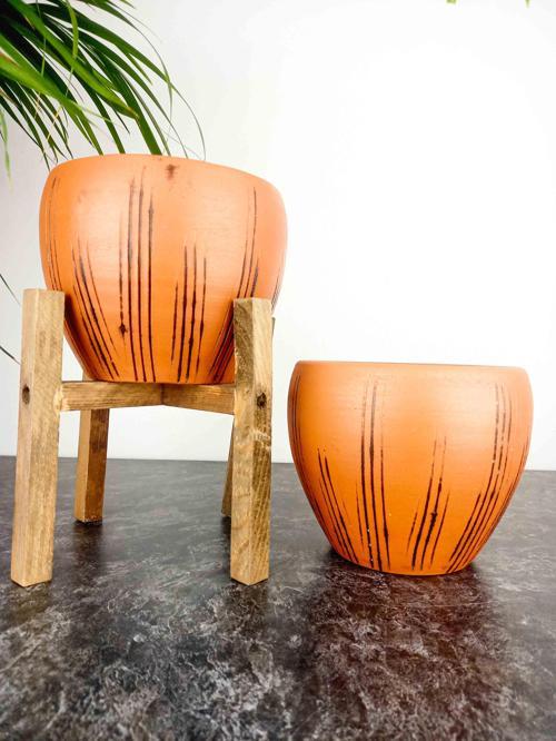 Siyah Çizgi Desenli Terrakota Toprak Saksı Saksılık Salon Çiçeklik İkili Set Ayaksız - 4 Ayaklı- 15 Cm