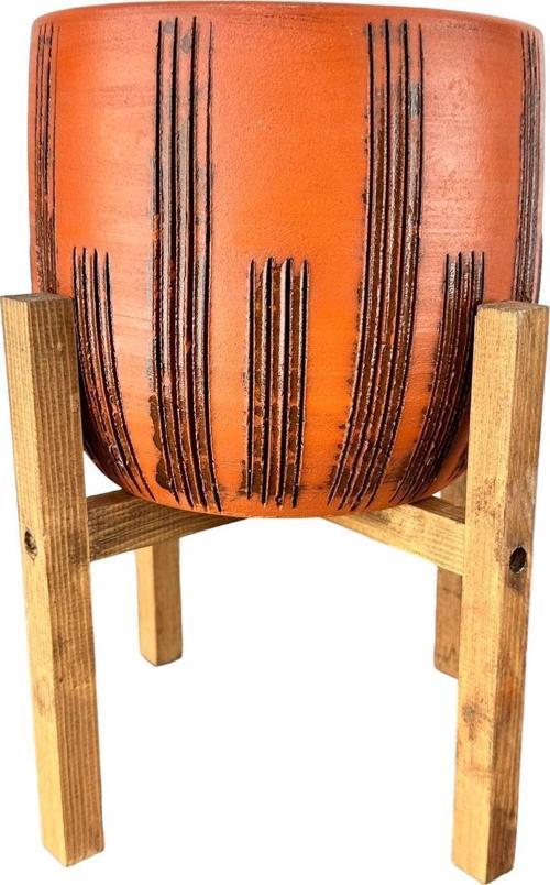 Siyah Çizgi Desenli Toprak Saksı Saksılık Salon Çiçeklik 4 Ayaklı - 19 CM