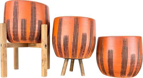 Siyah Çizgi Desenli Toprak Saksı Saksılık Salon Çiçeklik Üçlü Set - 19 CM