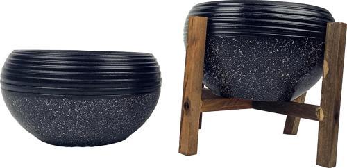 Siyah Granit Küp Aranjman Saksı Saksılık Salon Çiçeklik İkili Set (Ayaksız-4 Ayak)