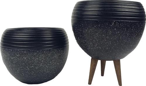 Siyah Granit Küp Saksı Saksılık Salon Çiçeklik İkili  Set (3 Ayaklı-Ayaksız)