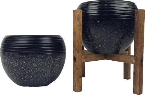 Siyah Granit Küp Saksı Saksılık Salon Çiçeklik İkili Set (4 Ayaklı-Ayaksız)