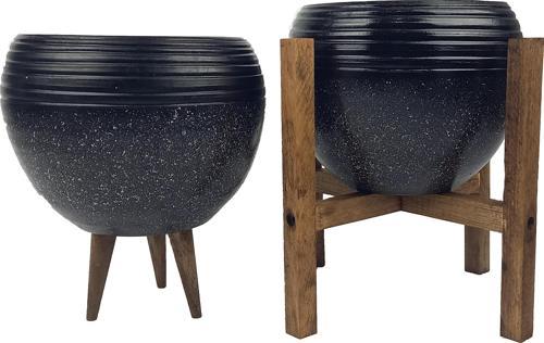 Siyah Granit Küp Saksı Saksılık Salon Çiçeklik İkili Set