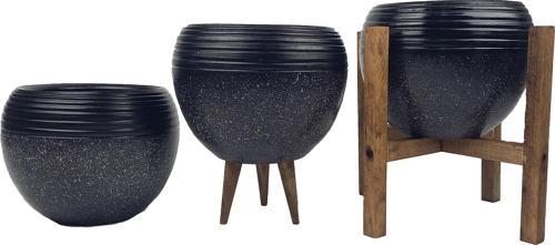 Siyah Granit Küp Saksı Saksılık Salon Çiçeklik Üçlü Set