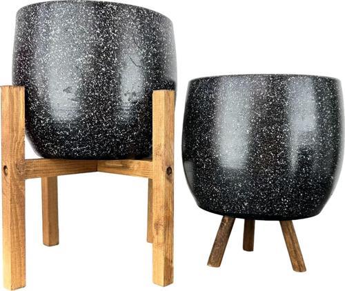 Siyah Granit Toprak Saksı Saksılık Salon Çiçeklik İkili Set 3 Ayaklı- 4 Ayaklı- 19 CM