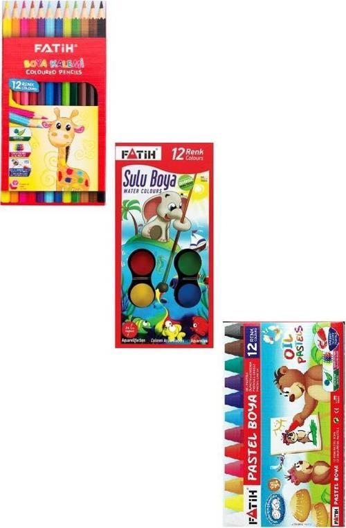 12 li Kuru Boya + Sulu Boya + Pastel Boya 3lü Set