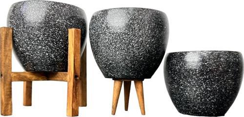 Siyah Granit Toprak Saksı Saksılık Salon Çiçeklik Üçlü Set - 15 CM