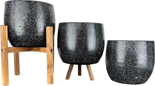 Siyah Granit Toprak Saksı Saksılık Salon Çiçeklik Üçlü Set- 19 CM