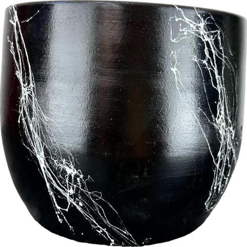 Siyah Üzeri Beyaz Mermer Efektli Toprak Saksı Saksılık Salon Çiçeklik - 19 CM