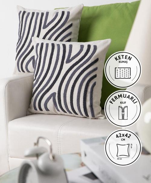 Ocean Keten Punch Nakışlı 2'li Kırlent Kılıfı 42x42 - Antrasit