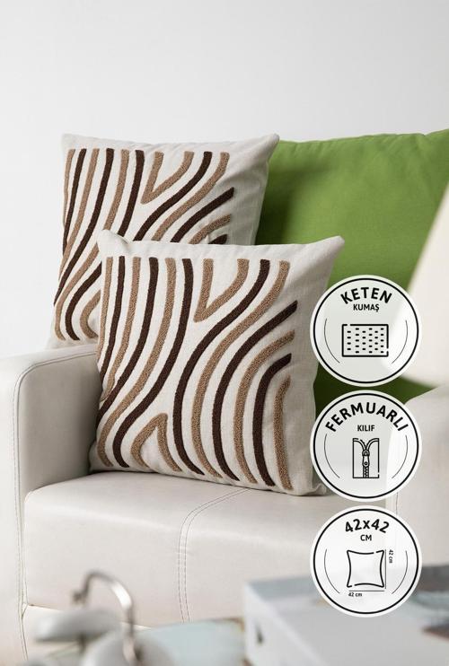 Ocean Keten Punch Nakışlı 2'li Kırlent Kılıfı 42x42 - Kahverengi