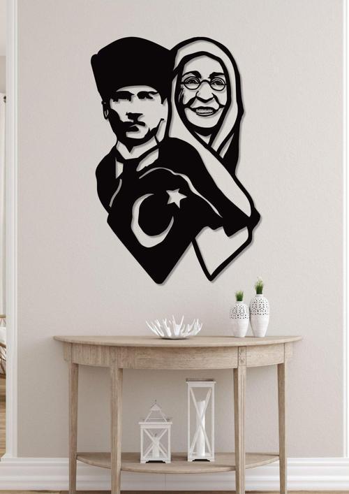 Atatürk Ve Annesi Zübeyde Hanım Siyah Metal Duvar Dekoru - Ev & Ofis Tablosu - Hediye Tablo