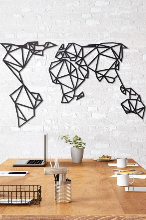 Geometrik Dünya Haritası Ev&Ofis Metal Duvar Tablosu - 55x105 Cm