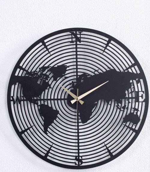 Dünya Haritalı Metal Siyah Duvar Saati 1,5 Mm Kalınlık 50x50 Cm