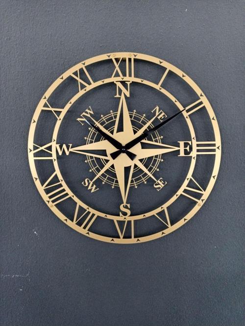 Dizayn Pusulalı Modern Metal Gold - Altın Duvar Saati 1,5 Mm Kalınlık 40x40 Cm