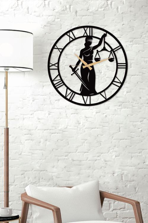 Adalet Kadını - Avukat Metal Siyah Duvar Saati - Ev - Ofis Saati - Hediye Saat - 50x50 Cm