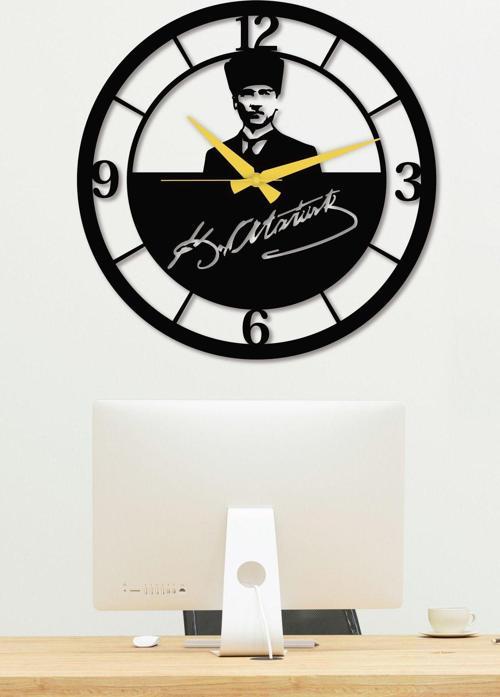 Atatürk Portreli Imzalı Siyah Metal Duvar Saati - Ev & Ofis Saati - Hediye Saat 50 x 50 Cm