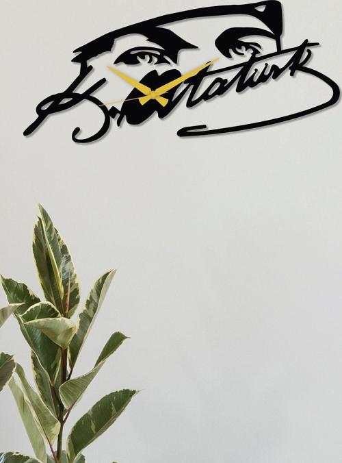 Atatürk Bakış Ve İmza Siyah Metal Duvar Saati - Ev & Ofis Saati - Hediye Saat 60 x 27 Cm