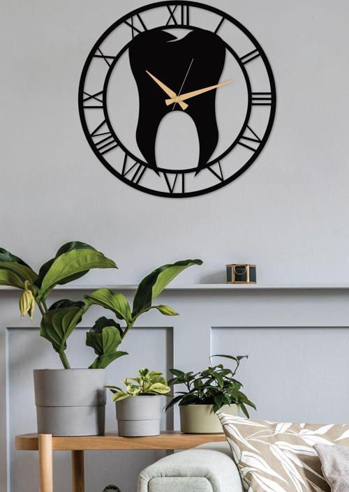Diş Hekimi Roma Rakamlı Metal Siyah Duvar Saati - Ev - Ofis Saati - Hediye Saat - 50x50 Cm