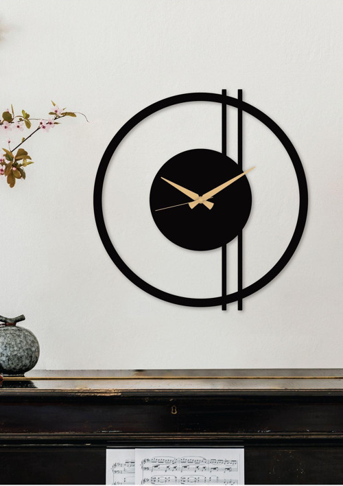 Double Line Metal Siyah Duvar Saati - Ev - Ofis Saati - Hediye Saat - 100 x 97 Cm