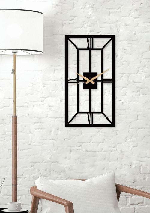 Tetragonal - Dikdörtgen Metal Siyah Duvar Saati - Ev - Ofis Saati - Hediye Saat 60 x 33 Cm