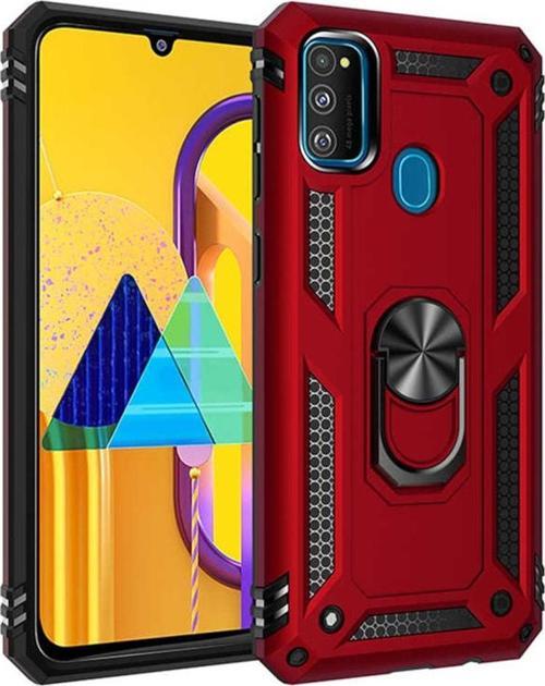 Galaxy M31 ile Uyumlu Yüzüklü Standlı Zırhlı Silikon Kılıf Kırmızı