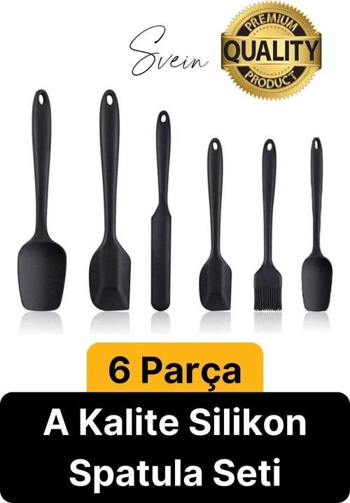 6 Parça Silikon Spatula Fırça Kaşık Bıçak Yemek Hazırlık Pasta Mutfak Seti Yanmaz Yapışmaz Siyah
