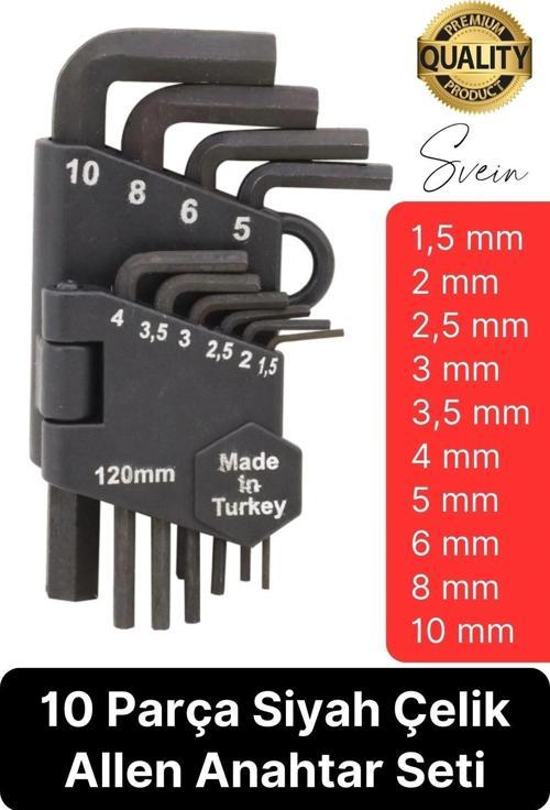 Premium 10 Parça Siyah Çelik 120 mm Allen Anahtar Seti Alyan Takımı Profesyonel Manuel Uzun Tamir