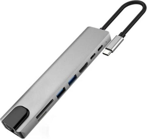 8in1 Type-C 4K Hdmi Rj45 Micro SD Tf 2xUsb3.0 2xType-C Hub Çevirici