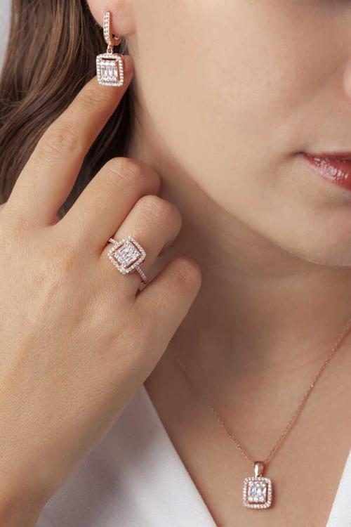 Baget Taşlı Gümüş Takı Seti Rose S30RB 925