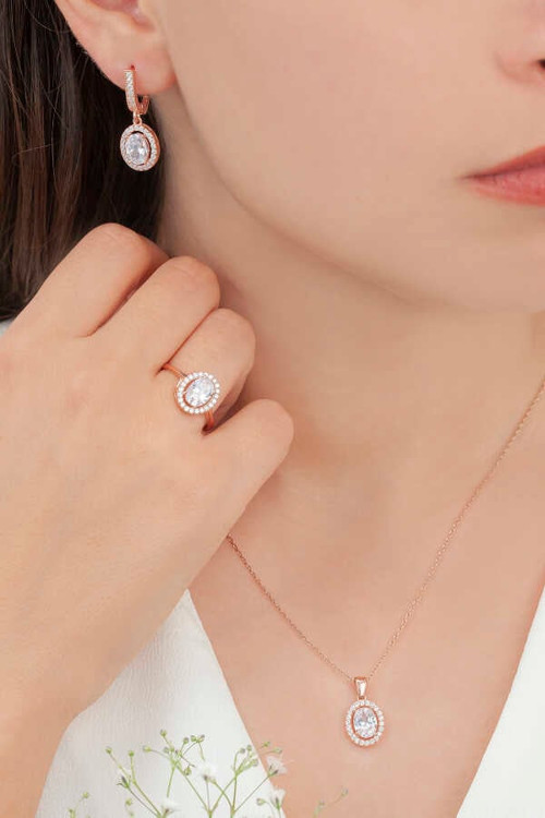 Oval Tasarım Gümüş Takı Seti Rose S102RB 925