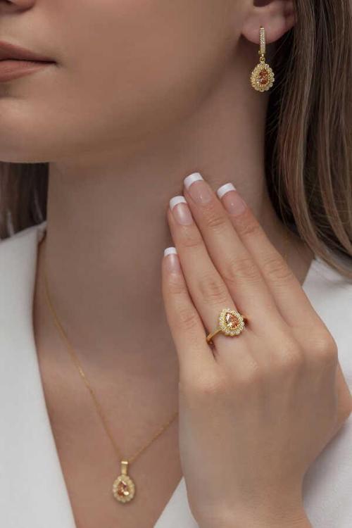 Damla Model Gümüş Takı Seti Gold S60-GW 925