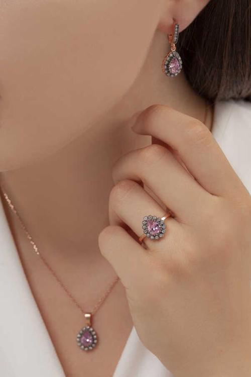 Damla Model Gümüş Takı Seti Kalemli S60EP 925