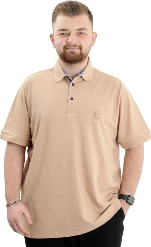 Battal Beden Erkek Tshirt Polo Yaka Nakışlı Klasik Pike 20553 Bej