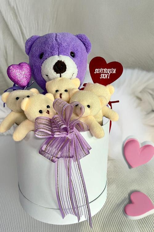 Premium Özel Hediye Kutusunda  25 cm Lila Ayıcık ve  5 adet Krem Peluş Minik Ayıcık Buketi