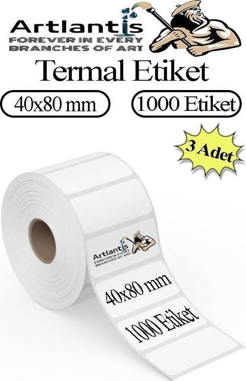 40x80 mm Barkod Etiketi Yapışkanlı 3 Adet Rulo Etiket Termal Barkot Terazi Etiketi 1000 li Barkod Yazıcılarına Uyumludur