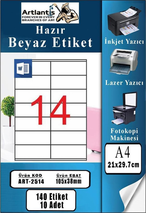A4 Hazır Etiket 105x38 mm 10 Sayfa 1 Paket 14 lü Kendinden Yapışkanlı Fotokopi Lazer İnkjet Kağıdı Yazıcılar İçin Uyumlu