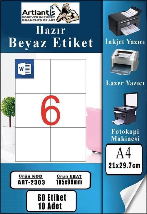 A4 Hazır Etiket 105x99 mm 10 Sayfa 1 Paket 6 lı Kendinden Yapışkanlı Fotokopi Lazer İnkjet Kağıdı Yazıcılar İçin Uyumlu