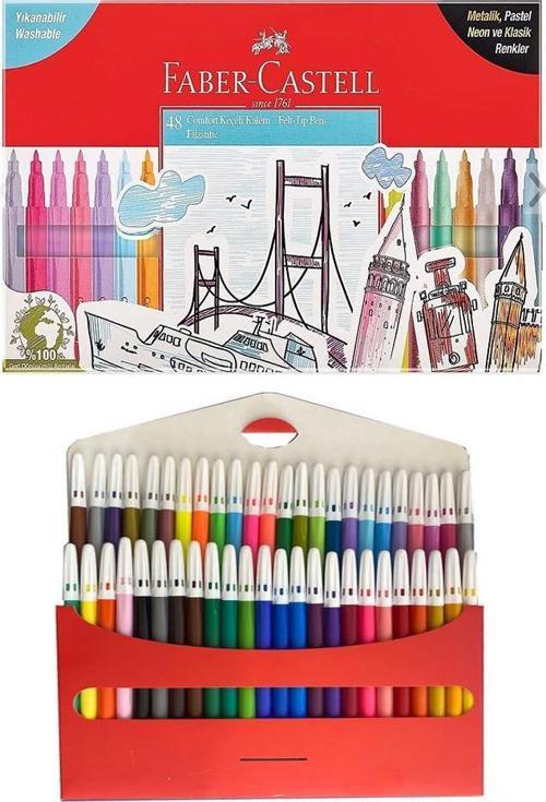 48 Renk Keçeli Kalem Yıkanabilir Su Bazlı 1 Paket Faber 48 li Keçeli Kalem Metalik Pastel Neon ve Klasik Renkler