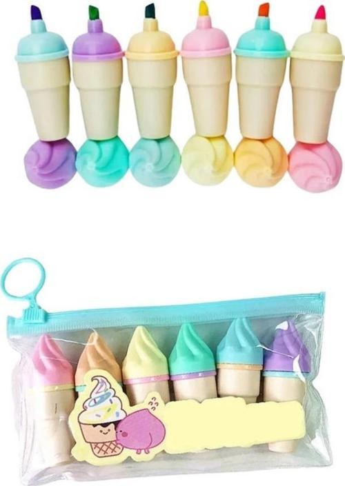 Dondurmalı Fosforlu Kalem 1 Paket 6 Renk Kalemlikli Dondurma Figürlü İşaret Kalemi Mini 6 lı Fosforlu Kalem