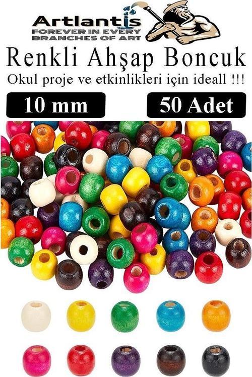 Renkli Ahşap Boncuk 10 mm 50 Adet Renkli Tahta Boncuk El İşi Okul Öncesi Kreş Anasınıfı Proje Tasarım Ödev Elişi